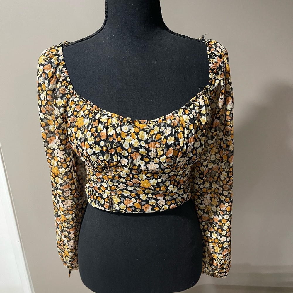 Altar'd State Floral Long Sleeve Blouse - Black, Yellow, White